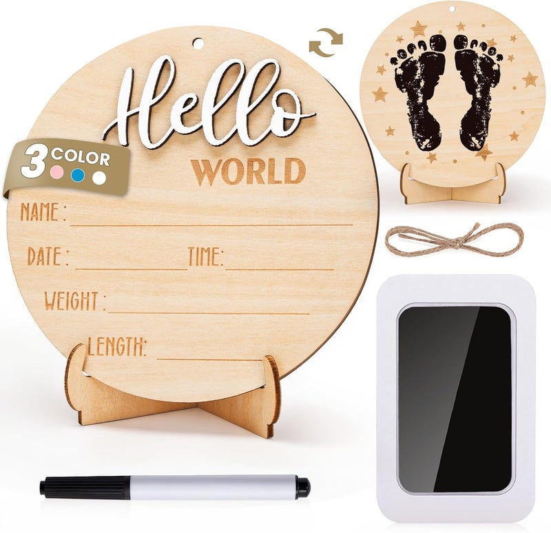 Giftacity Hello World Sign for Baby Announcement: Gender-Neutral Wooden Welcome Newborn Signs for Hospital with Footprint - Baby Birth Round Board for New Boy and Girl - Image 1